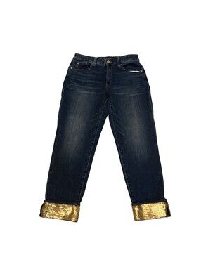 Chico's Boyfriend Ankle Jeans Size 0.5R US 6 Gold Sequin Cuff Stretch Blue Denim
